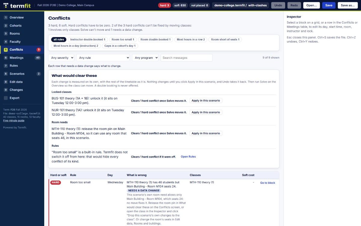 Conflicts view listing hard and soft conflicts with a sentence explaining each one.