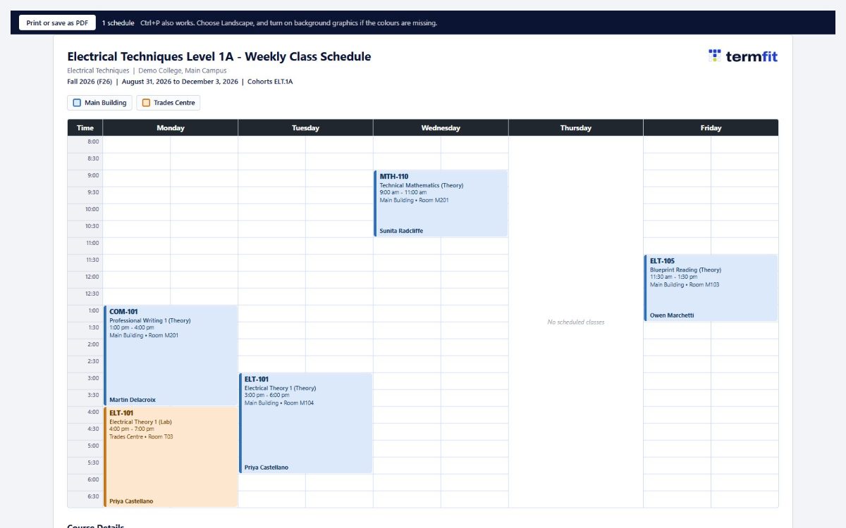 A printable student week schedule laid out for Letter landscape.